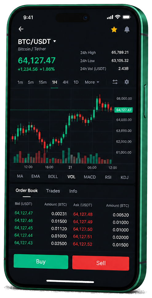 Screenshot of Starcrest Zynor app on mobile presenting live BTC/AUD chart, order book, and trading features